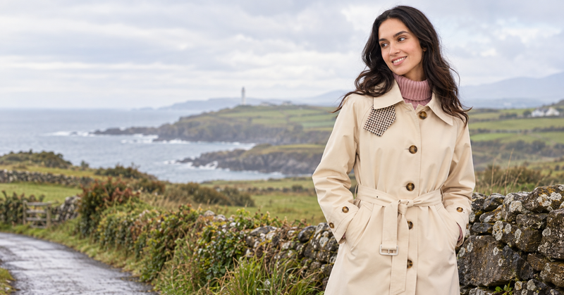 model wearing lighthouse trenchcoat 