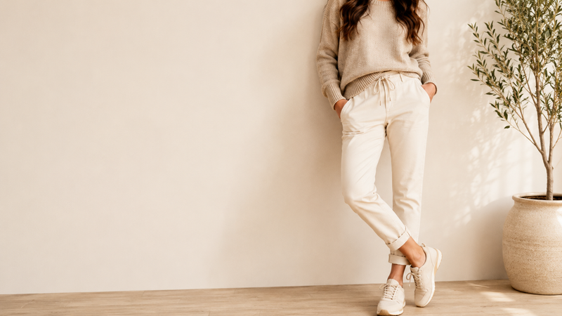model wearing tessy jogger posing infront of wall 