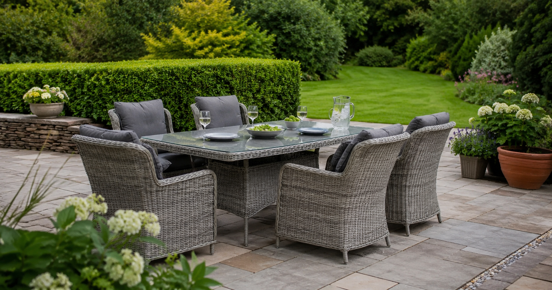 Grey rattan garden furniture set on a patio in an Irish garden