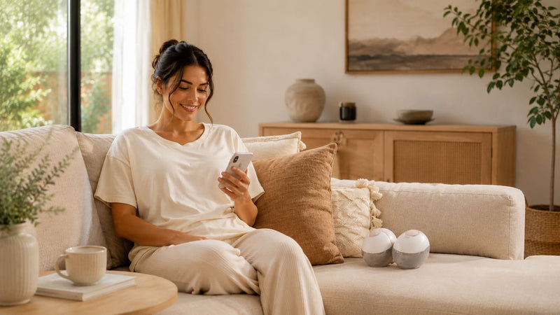 Woman relaxing at home with a wearable breast pump, Ireland