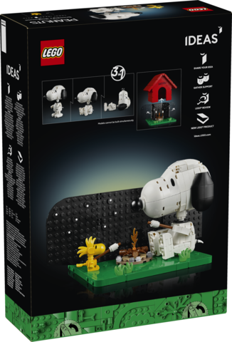 LEGO Ideas Snoopy and Woodstock packaging with black background