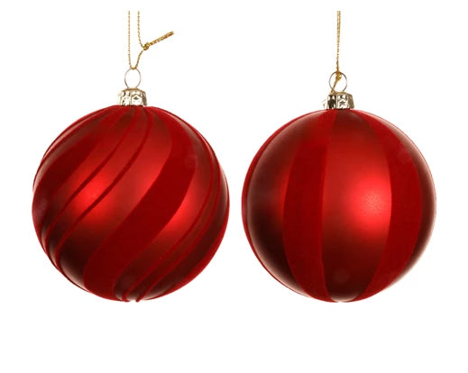 Red polystyrene Christmas bauble with matte finish – one smooth and one with swirl texture, gold metal cap and thread hanger.