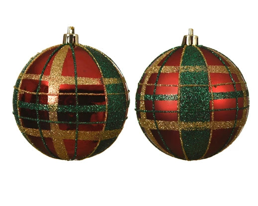 Red and gold shatterproof Christmas bauble with green glitter check pattern – Kaemingk