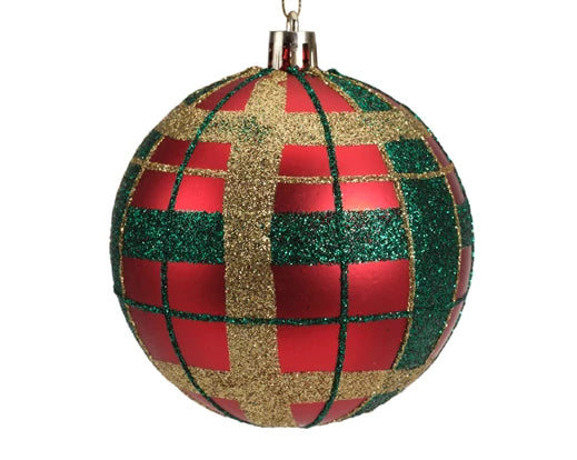 Red and gold shatterproof Christmas bauble with green glitter check pattern – Kaemingk