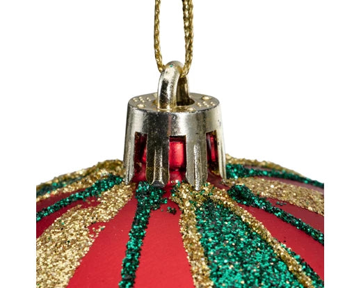 Shatterproof Christmas Bauble – Red & Gold with Green Glitter Check