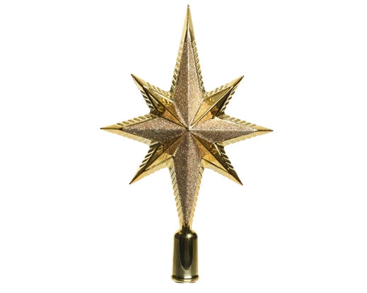Gold Christmas tree topper with star design on a white background