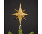 Gold star-shaped Christmas tree topper on a dark background