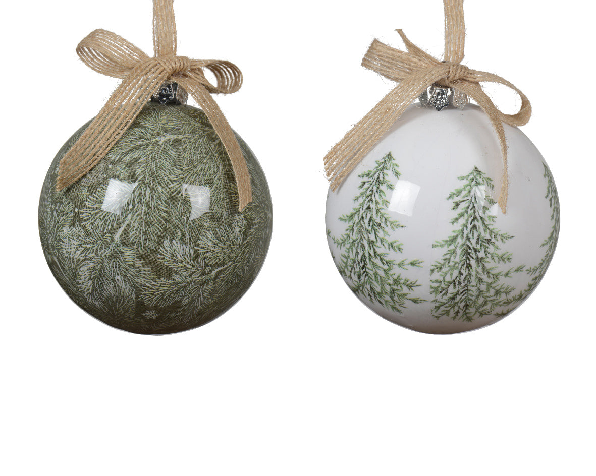 Two Christmas ornaments with tree designs and ribbons on a white background