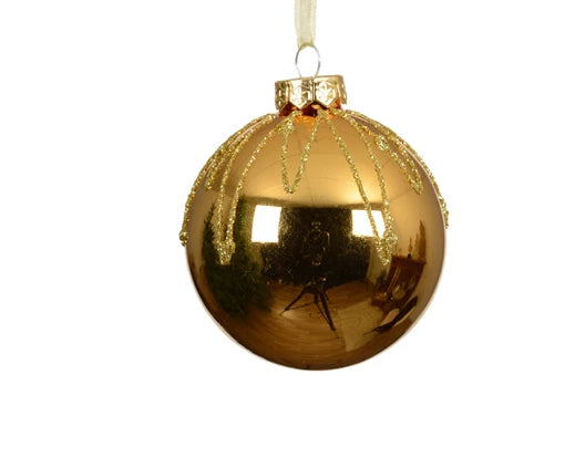 Light gold glass bauble with glitter lines and gold ribbon hanger