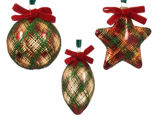Set of plaid Christmas ornaments with red bows on a white background