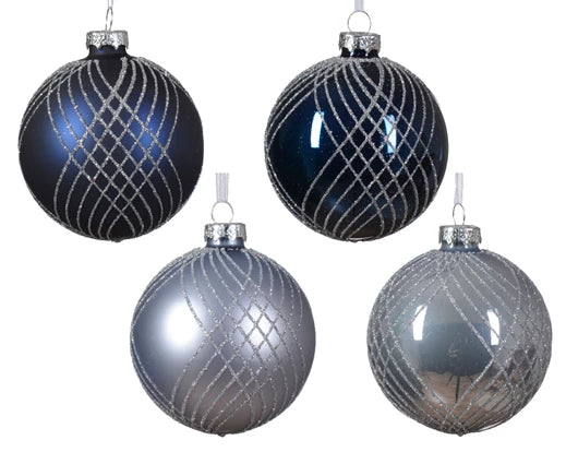 Midnight blue and silver Christmas ornaments with glitter crisscross pattern