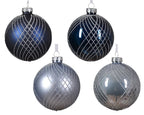 Midnight blue and silver Christmas ornaments with glitter crisscross pattern