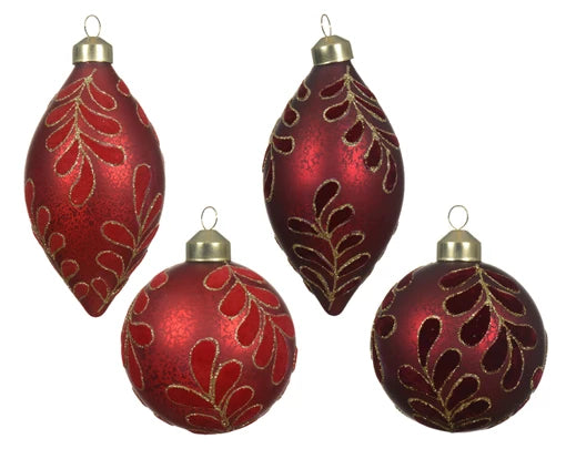 Red glass Christmas baubles with gold leaf pattern and silver interior in assorted shapes, luxury metal cap, and gold organza ribbon