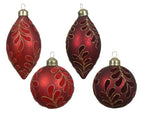 Red glass Christmas baubles with gold leaf pattern and silver interior in assorted shapes, luxury metal cap, and gold organza ribbon