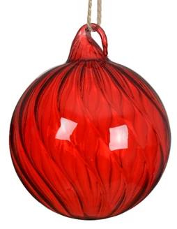 Clear glass Christmas bauble with swirl pattern and jute rope hanger, available in assorted colours