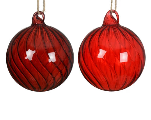Clear glass Christmas bauble with swirl pattern and jute rope hanger, available in assorted colours