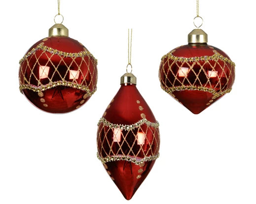 Red glass Christmas bauble with silver inner finish and gold beaded decoration 