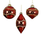 Red glass Christmas bauble with silver inner finish and gold beaded decoration 