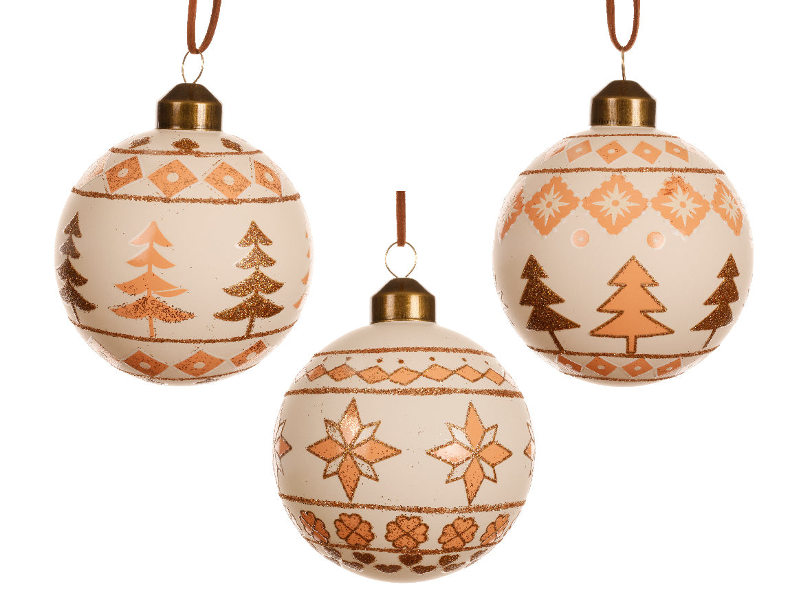 Three decorative Christmas ornaments with tree and star patterns on a white background