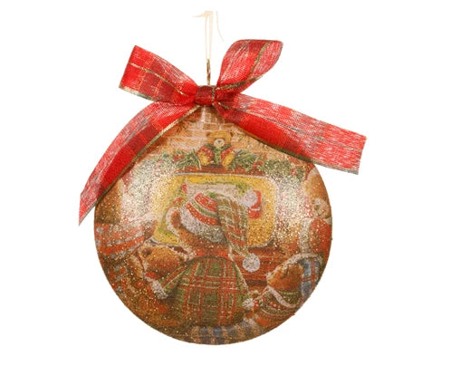 Holiday glass ornament with bear design and champagne gold organza hanger