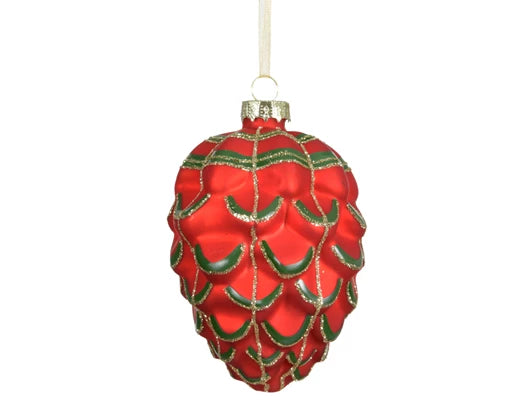 Christmas red pinecone-shaped glass bauble with glitter check pattern and gold ribbon hanger