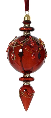 Oxblood glass Christmas ornament hanging on red tree, embellished with glitter, beads, and diamond detailing
