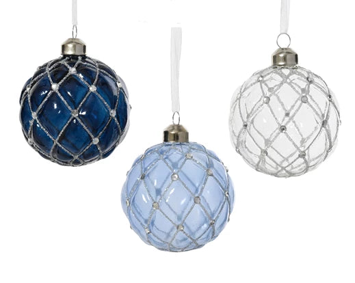 Elegant Christmas ornament in icy blue with glitter and bead accents