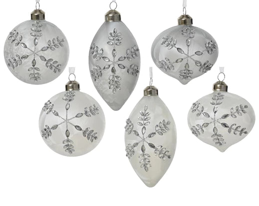 Frosted glass Christmas bauble with silver gem design and organza ribbon