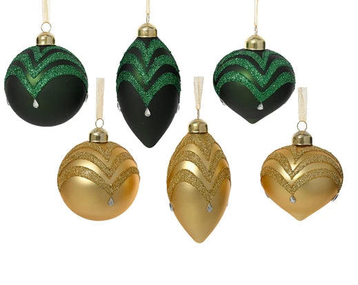 Luxury glass bauble with gold swirl and transparent diamond detail, matt finish, assorted festive styles