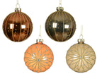 Set of four decorative Christmas balls in gold, bronze, orange, and beige on a white background.