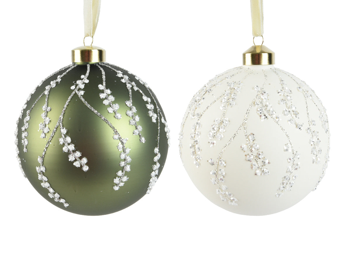 Two decorative Christmas balls with floral patterns on a white background