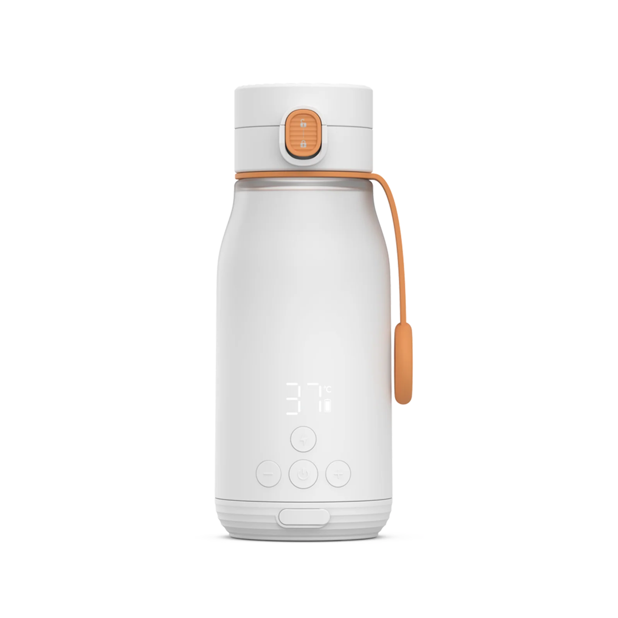 Clear water bottle with a white cap and orange accents on a white background