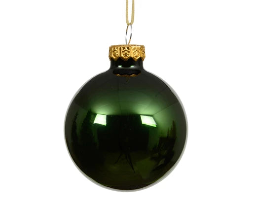 Single shiny forest green glass Christmas bauble with gold organza ribbon and gold cap – 8cm diameter.