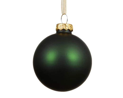 Forest Green Matt Glass Christmas Bauble with Gold Cap and Ribbon – 10cm