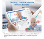 A baby monitor intercom device held in hands, showing a baby on the screen, with text reading 'Two-Way, Talkback Intercom (Local & Remote)' and additional promotional copy about voice control and parent apps.
