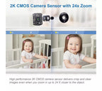 Promotional graphic for a 2K CMOS camera sensor with 24x zoom, showing a small camera module and lens component above a side-by-side comparison of a toddler in a crib. Text explains that the high-performance sensor delivers crisp, clear images even at close zoom.