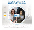 Promotional graphic for a parent unit monitor with text reading 'Long Battery Life of Up To 12 Hrs of Video Streaming' and a circular inset showing a woman monitoring her baby in two scenes, one bright and one dark, with a battery icon overlay.