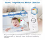 A white baby monitor camera with a screen showing a smiling baby, overlaid with feature callouts reading 'Sound, Temperature & Motion Detection' and explanatory text below.