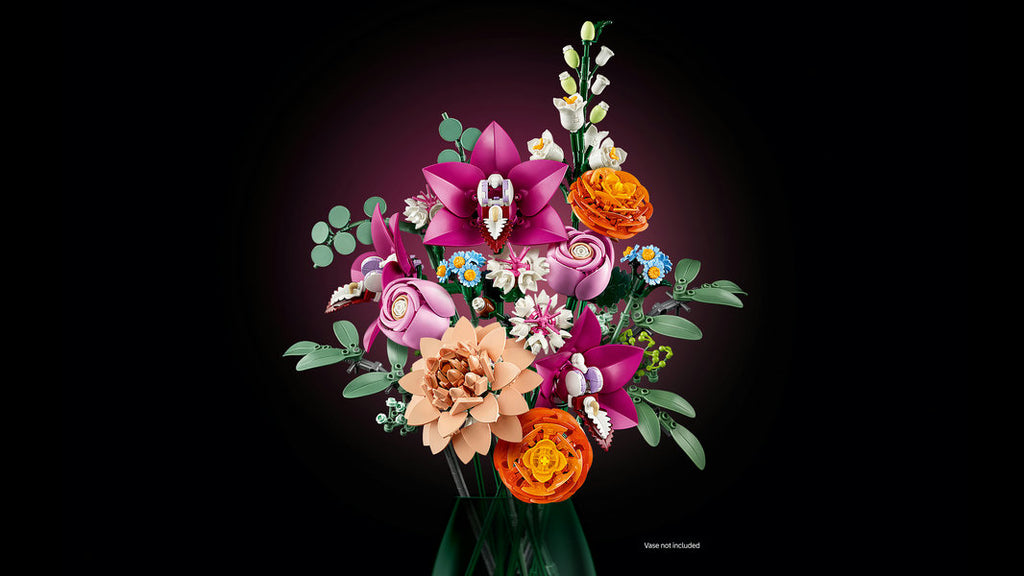 Colorful bouquet of flowers in a vase on a black background LEGO