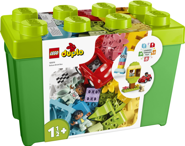 LEGO Duplo Fabulous Brick Box set 10716, featuring a green plastic storage box with lime green studs and a clear front window displaying colorful building blocks and mini-figures.