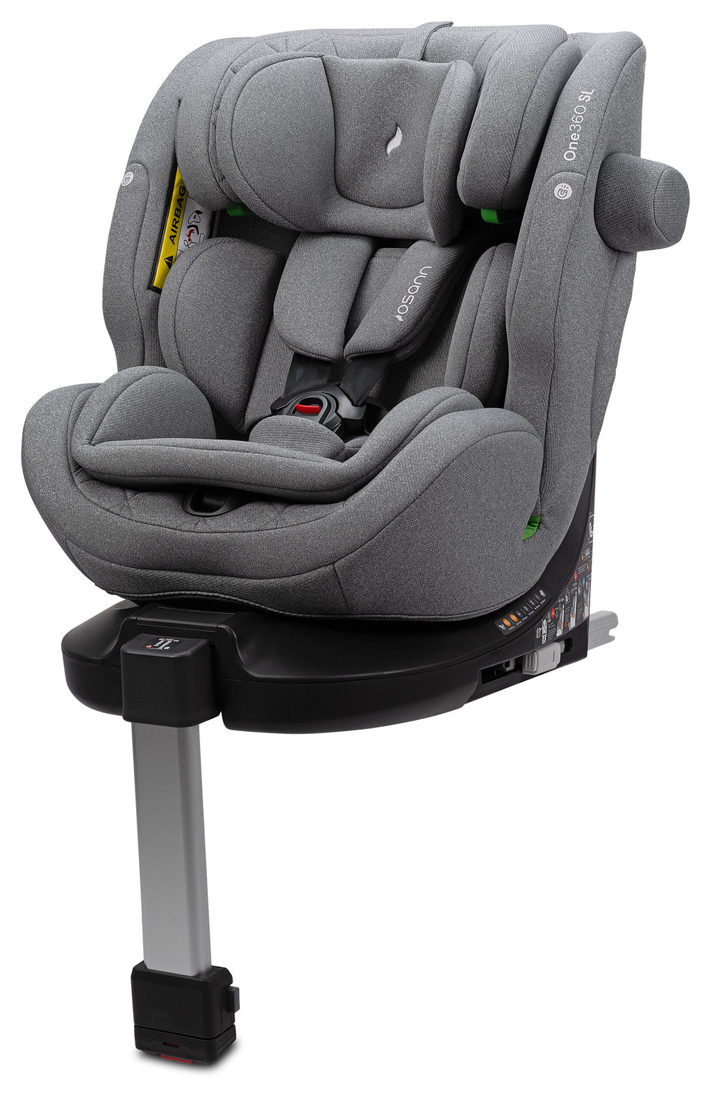  Osann One 360 SL i-Size Car Seat in Iron Grey with a black base and silver support leg, shown on a white background.