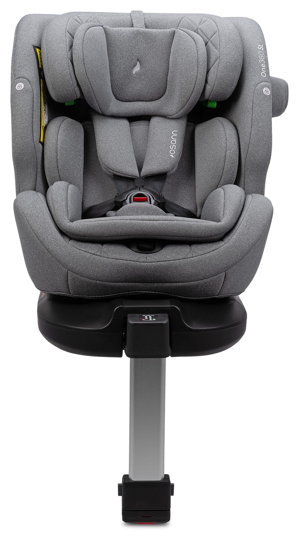 Osann One 360 SL i-Size Car Seat in Iron Grey with a matching headrest and harness, shown from a front-facing angle on a white background.