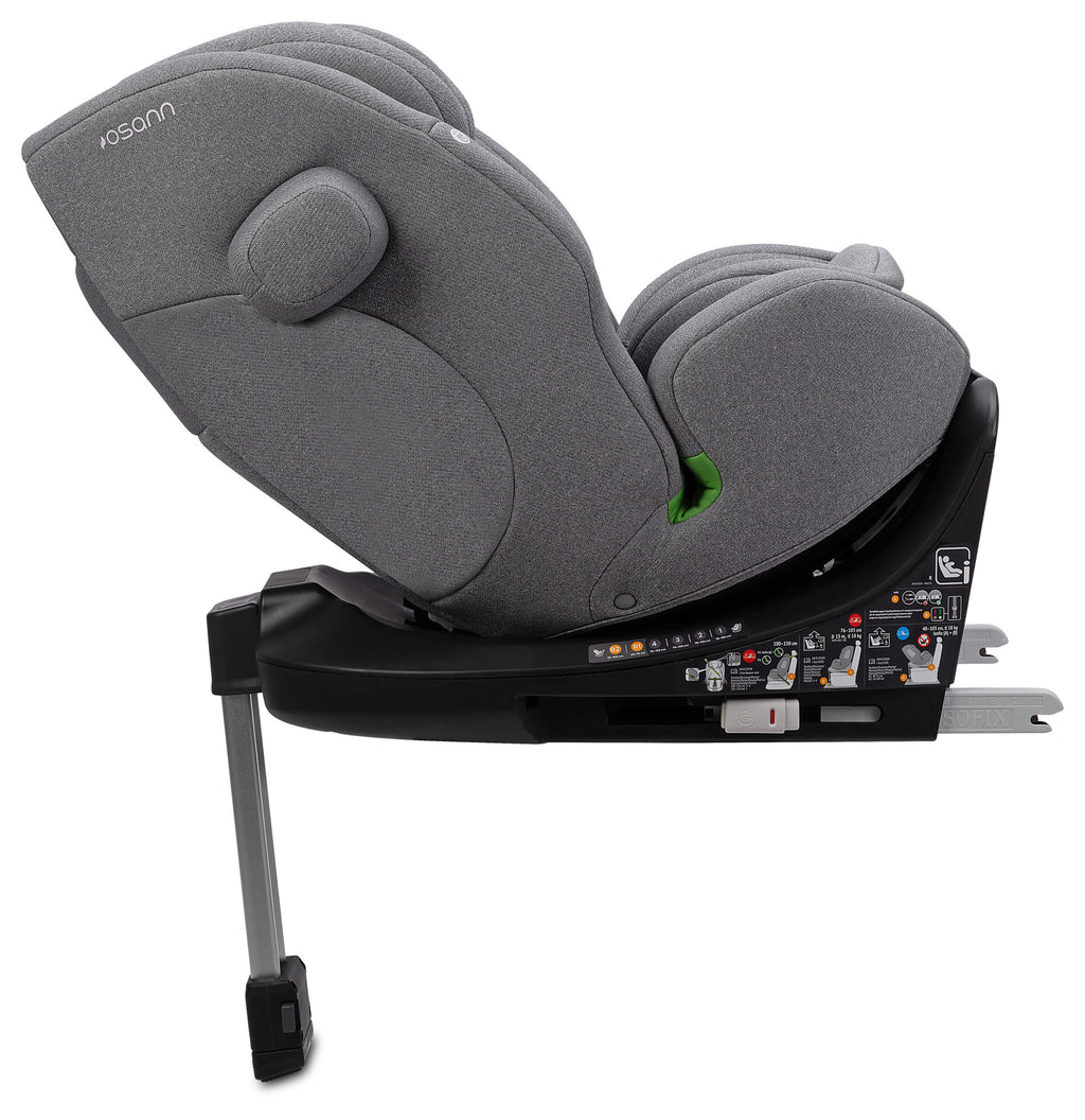 Osann One 360 SL i-Size Car Seat in Iron Grey fabric with a black base, shown from a side angle on a white background.