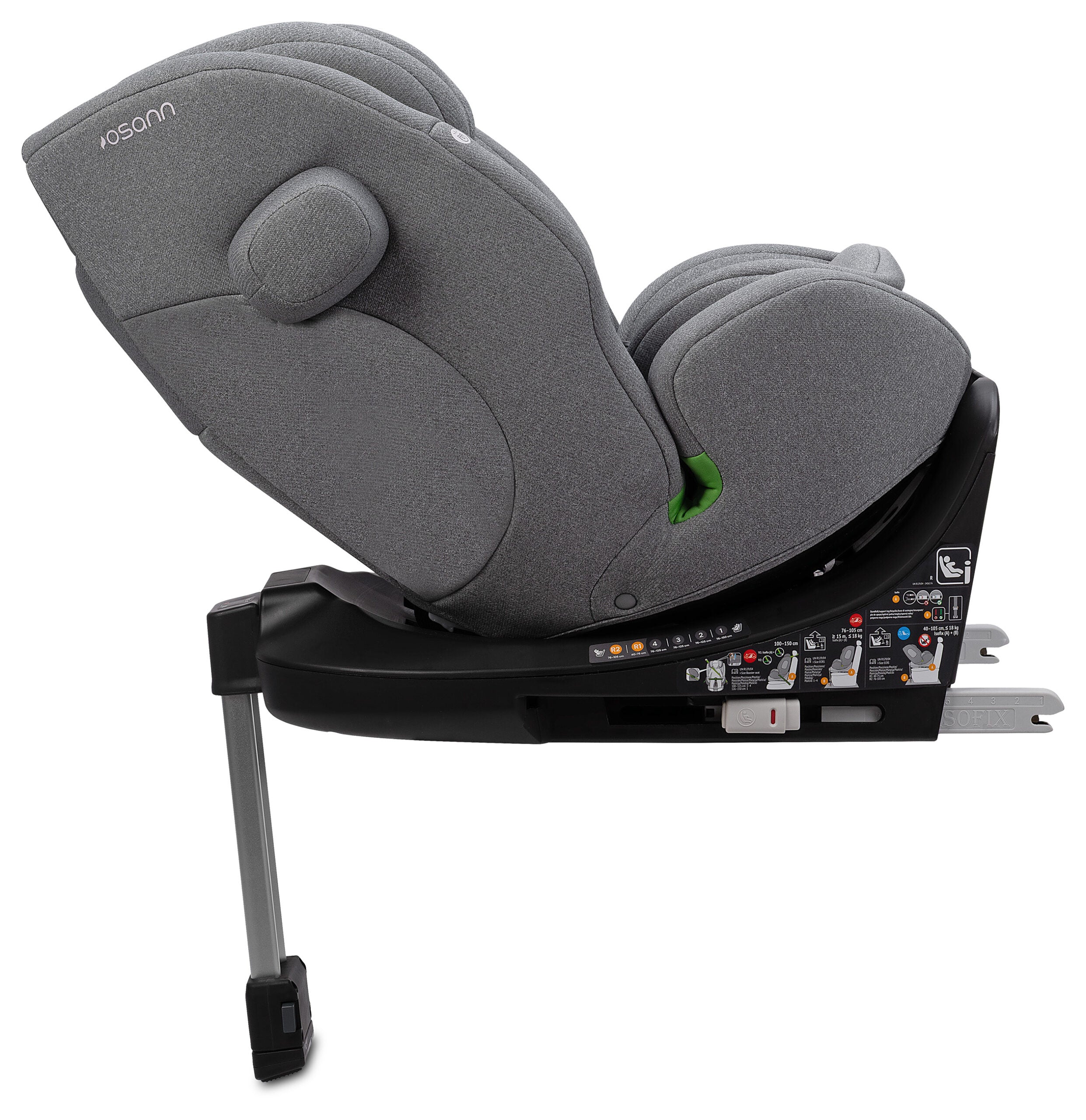 Osann One 360 SL i-Size Car Seat in Iron Grey fabric with a black base, shown from a side angle on a white background.