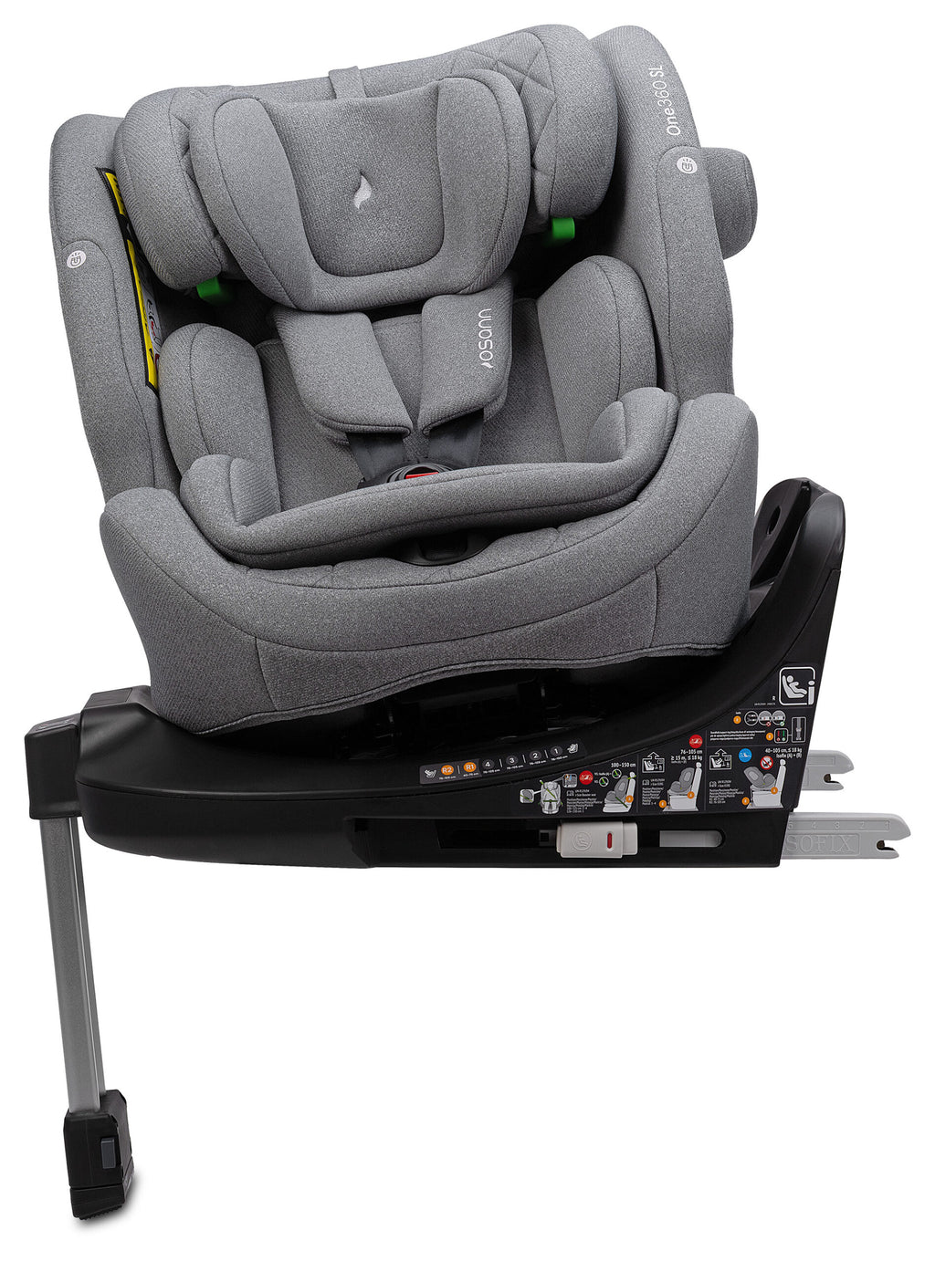 Osann One 360 SL i-Size Car Seat in Iron Grey mounted on black Iso-GLISS base, shown from a three-quarter angle against a white background.