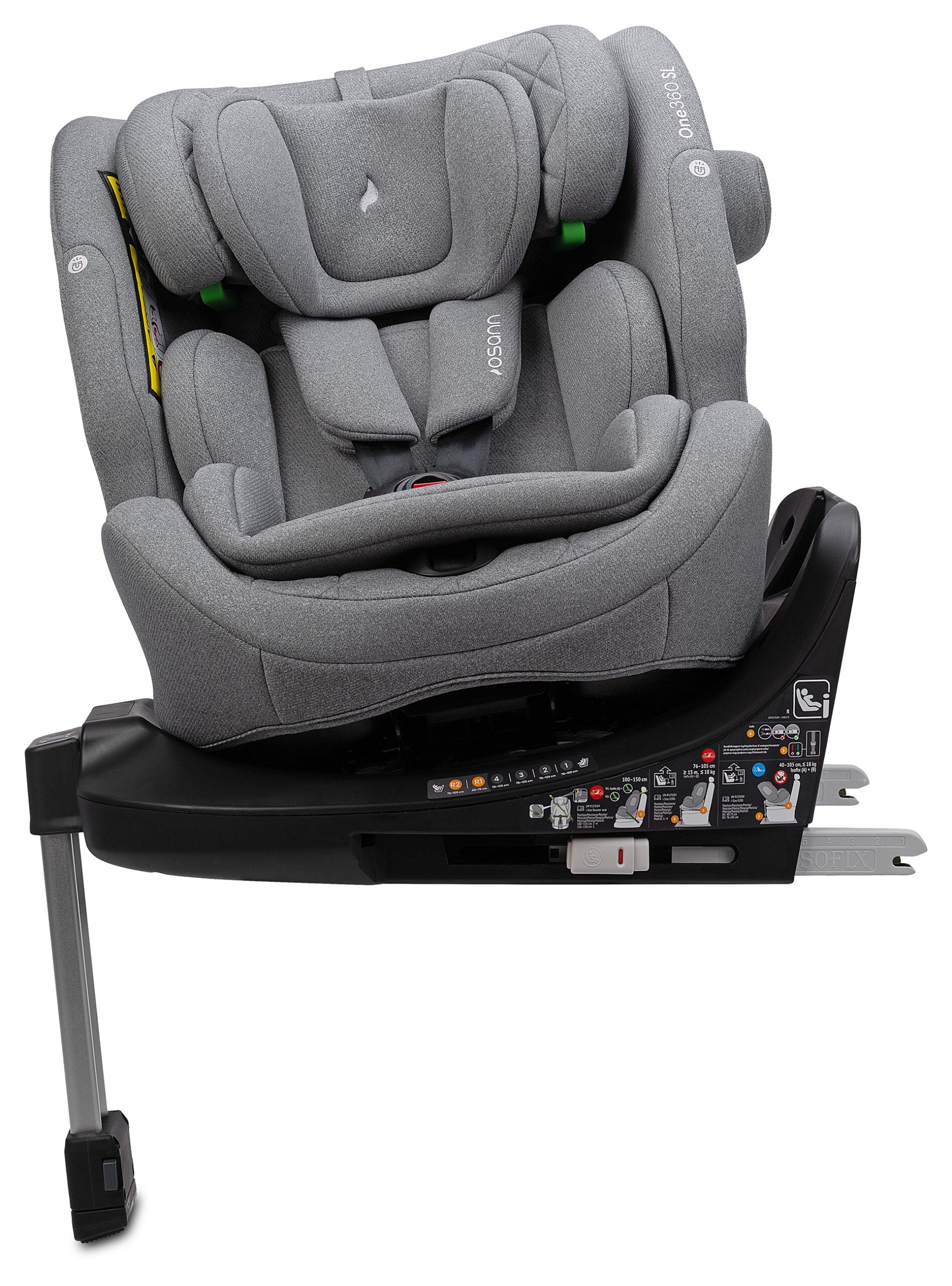 Osann One 360 SL i-Size Car Seat in Iron Grey mounted on black Iso-GLISS base, shown from a three-quarter angle against a white background.