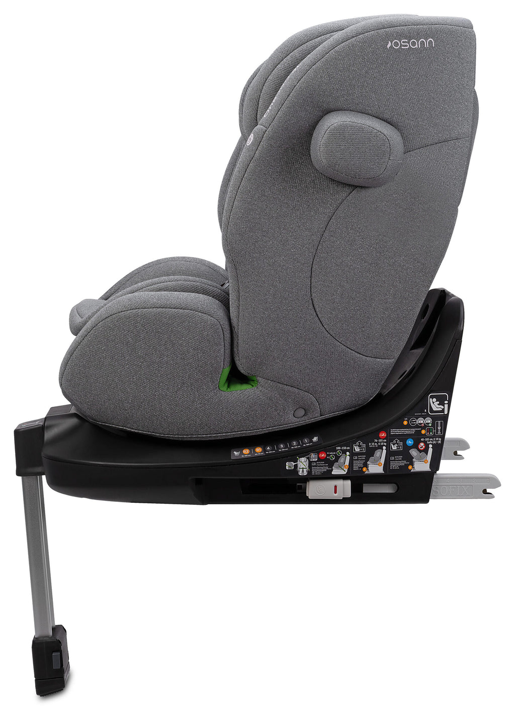 A gray fabric child car seat mounted on a black ISOFIX base, shown from a side profile view against a solid white background. The brand name 'vosann' is visible on the upper backrest.