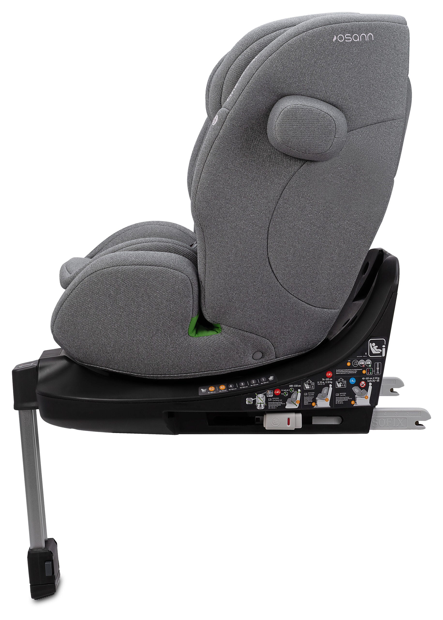 A gray fabric child car seat mounted on a black ISOFIX base, shown from a side profile view against a solid white background. The brand name 'vosann' is visible on the upper backrest.