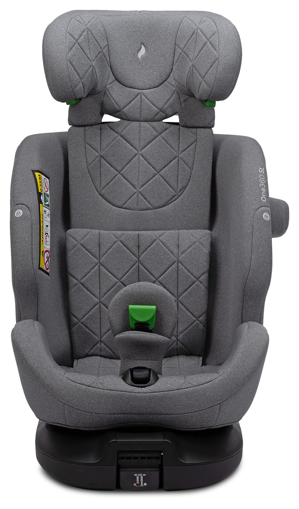 Osann One 360 SL i-Size Car Seat in Iron Grey with a black base, featuring a green safety buckle and a small white logo on the headrest.