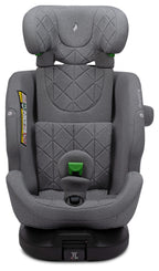 Osann One 360 SL i-Size Car Seat in Iron Grey with a black base, featuring a green safety buckle and a small white logo on the headrest.